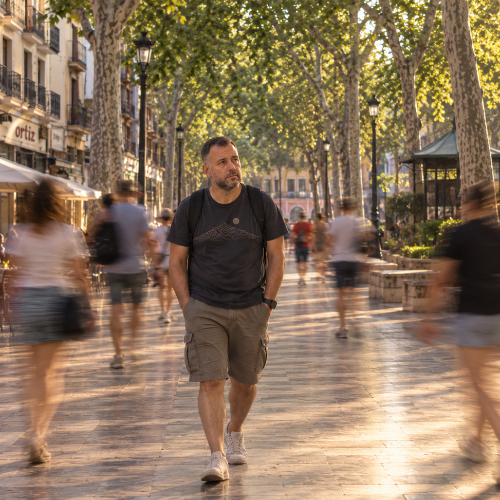 Hombre caminando por la Alameda de Xàtiva mientras la gente pasa a su alrededor desenfocada por el movimiento