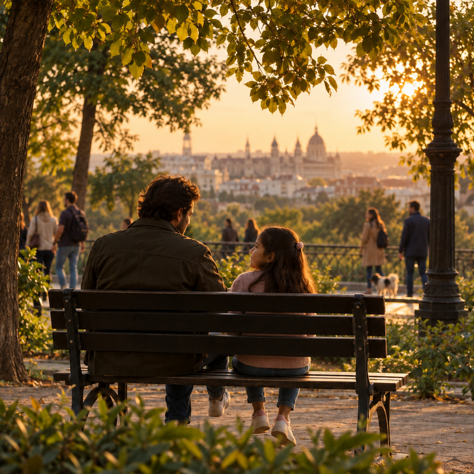 Hombre adulto sentado en un banco hablando con una niña pequeña al atardecer, en un parque con vistas a la ciudad.